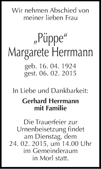 Traueranzeige von Margarete Herrmann von Mitteldeutsche Zeitung Halle/Saalkreis
