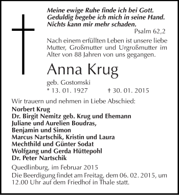 Traueranzeige von Anna Krug von Mitteldeutsche Zeitung Quedlinburg