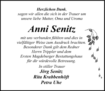 Traueranzeige von Anni Senitz von Mitteldeutsche Zeitung Aschersleben