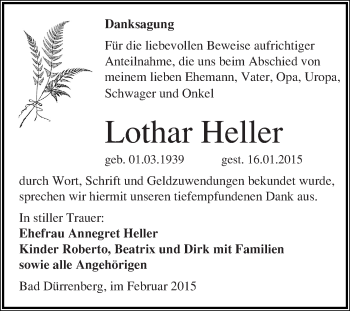 Traueranzeige von Lothar Heller von Super Sonntag Merseburg
