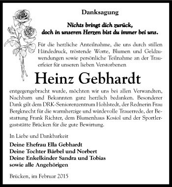 Traueranzeige von Heinz Gebhardt von Mitteldeutsche Zeitung Sangerhausen