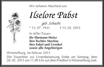Traueranzeige von Ilselore Pabst von Mitteldeutsche Zeitung Mansfelder Land