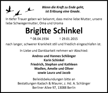 Traueranzeige von Brigitte Schinkel von Mitteldeutsche Zeitung Quedlinburg