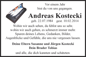 Traueranzeige von Andreas Kostecki von WVG - Wochenspiegel Dessau / Köthen