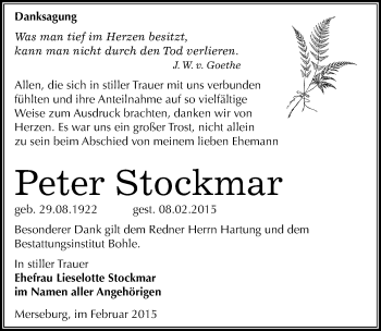 Traueranzeige von Peter Stockmar von Mitteldeutsche Zeitung Merseburg/Querfurt