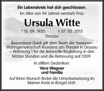 Traueranzeige von Ursula Witte von Mitteldeutsche Zeitung Dessau-Roßlau