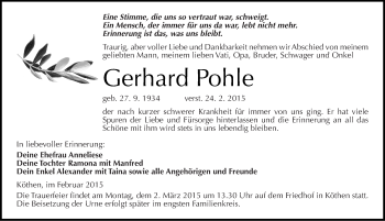 Traueranzeige von Gerhard Pohle von Mitteldeutsche Zeitung Köthen