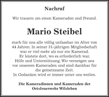 Traueranzeige von Mario Steibel von Super Sonntag Aschersleben