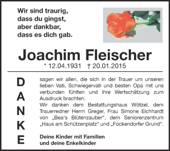 Traueranzeige von Joachim Fleischer von Super Sonntag Zeitz