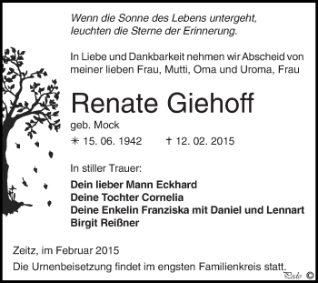 Traueranzeige von Renate Giehoff von Super Sonntag Zeitz