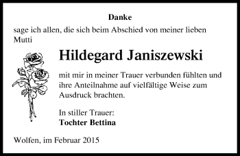 Traueranzeige von Hildegard Janiszewski von Mitteldeutsche Zeitung Bitterfeld