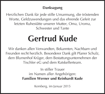 Traueranzeige von Gertrud Kude von Super Sonntag Wittenberg