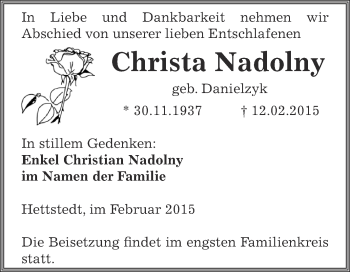 Traueranzeige von Christa Nadolny von Wochenspiegel Mansfelder Land