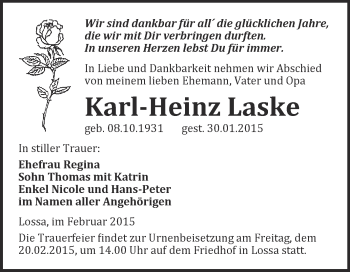 Traueranzeige von Karl-Heinz Laske von WVG - Wochenspiegel NMB / WSF / ZTZ