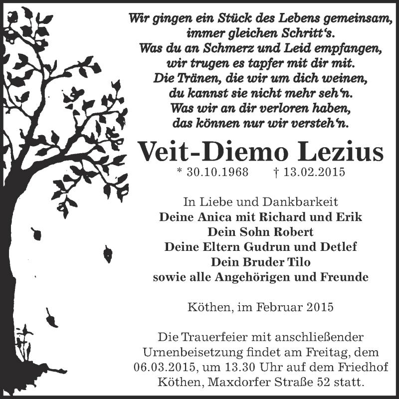  Traueranzeige für Veit-Diemo Lezius vom 22.02.2015 aus WVG - Wochenspiegel Dessau / Köthen