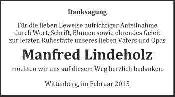 Traueranzeige von Manfred Lindeholz von Super Sonntag Wittenberg