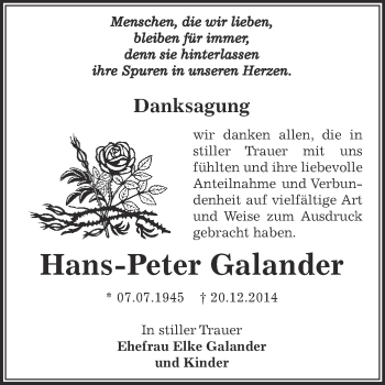 Traueranzeige von Hans-Peter Galander von Super Sonntag Bernburg