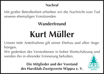 Traueranzeige von Kurt Müller von Mitteldeutsche Zeitung Mansfelder Land