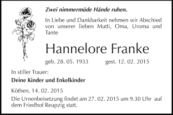 Traueranzeige von Hannelore Franke von WVG - Wochenspiegel Dessau / Köthen