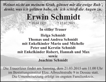 Traueranzeige von Erwin Schmidt von WVG - Wochenspiegel Dessau / Köthen