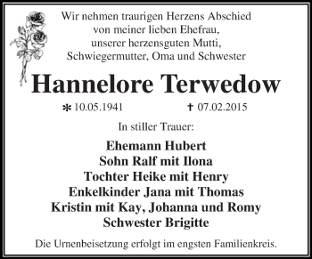 Traueranzeige von Hannelore Terwedow von WVG - Wochenspiegel Dessau / Köthen