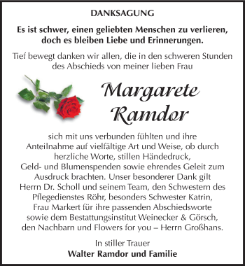 Traueranzeige von Margarete Ramdor von Mitteldeutsche Zeitung Bernburg
