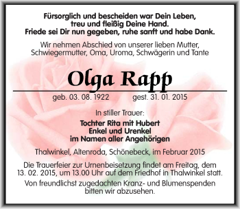 Traueranzeige von Olga Rapp von Mitteldeutsche Zeitung Naumburg/Nebra