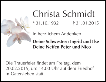 Traueranzeige von Christa Schmidt von WVG - Wochenspiegel Quedlinburg