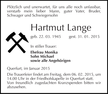 Traueranzeige von Hartmut Lange von Mitteldeutsche Zeitung Merseburg/Querfurt