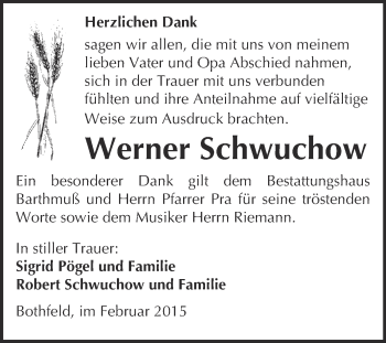 Traueranzeige von Werner Schwuchow von WVG - Wochenspiegel Merseburg