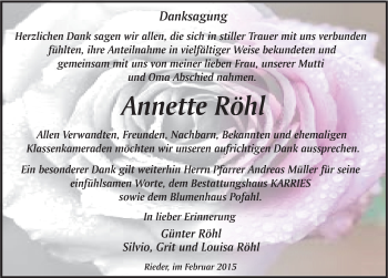 Traueranzeige von Annette Röhl von Mitteldeutsche Zeitung Quedlinburg