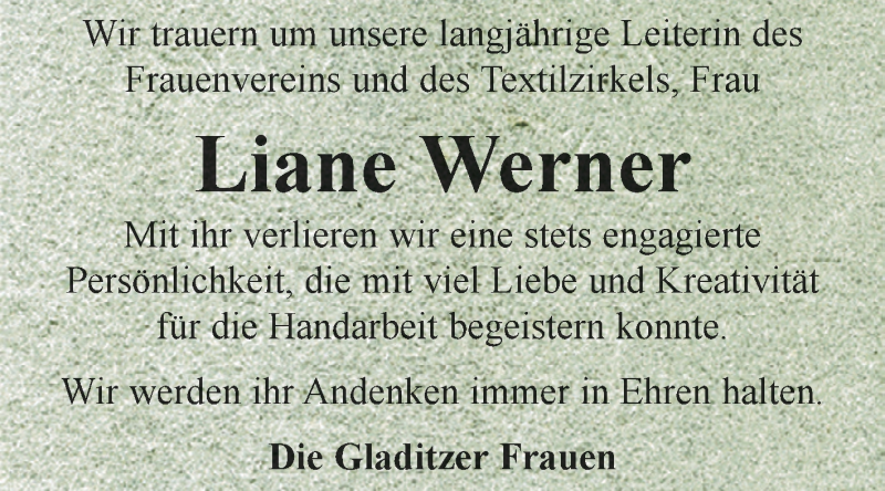  Traueranzeige für Liane Werner vom 15.02.2015 aus Super Sonntag Zeitz