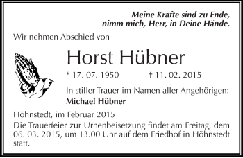 Traueranzeige von Horst Hübner von Mitteldeutsche Zeitung Halle/Saalkreis