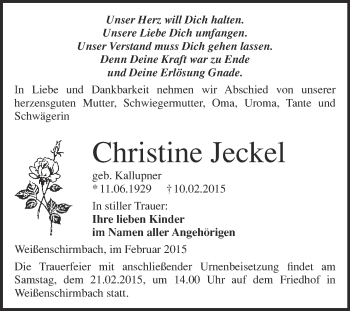 Traueranzeige von Christine Jeckel von WVG - Wochenspiegel Merseburg
