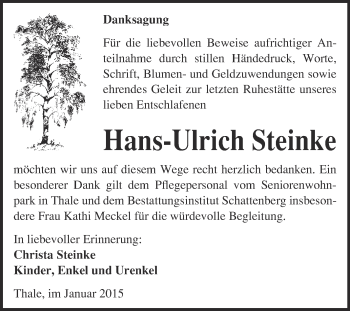 Traueranzeige von Hans-Ulrich Steinke von Super Sonntag Quedlinburg