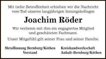 Traueranzeige von Joachim Röder von WVG - Wochenspiegel Dessau / Köthen