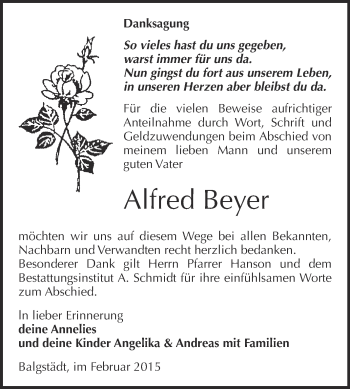 Traueranzeige von Alfred Beyer von WVG - Wochenspiegel NMB / WSF / ZTZ
