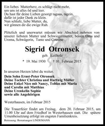 Traueranzeige von Sigrid Otronsek von Mitteldeutsche Zeitung Quedlinburg
