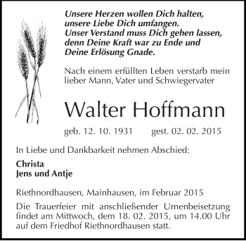 Traueranzeige von Walter Hoffmann von Mitteldeutsche Zeitung Sangerhausen