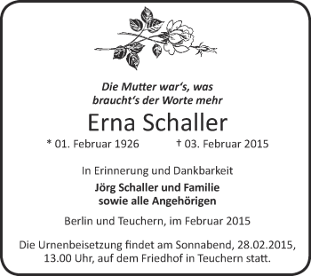 Traueranzeige von Erna Schaller von WVG - Wochenspiegel NMB / WSF / ZTZ