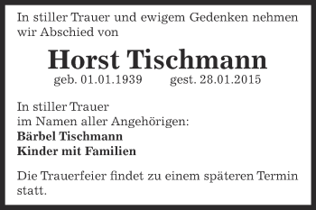 Traueranzeige von Horst Tischmann von Super Sonntag Bernburg