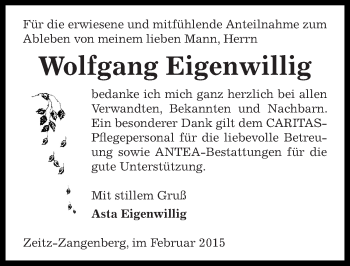 Traueranzeige von Wolfgang Eigenwillig von Super Sonntag Zeitz