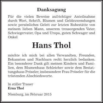 Traueranzeige von Hans Thol von Super Sonntag Bernburg
