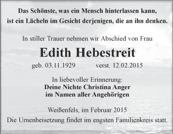 Traueranzeige von Edith Hebestreit von WVG - Wochenspiegel NMB / WSF / ZTZ