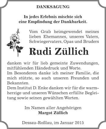 Traueranzeige von Rudi Züllich von WVG - Wochenspiegel Dessau / Köthen