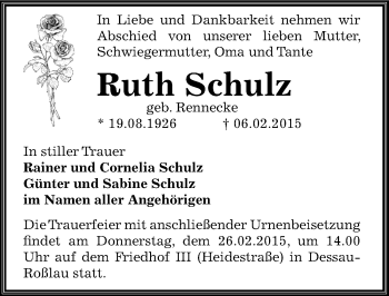 Traueranzeige von Ruth Schulz von Mitteldeutsche Zeitung Dessau-Roßlau