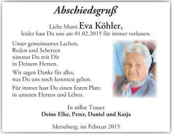 Traueranzeige von Eva Köhler von Super Sonntag Merseburg