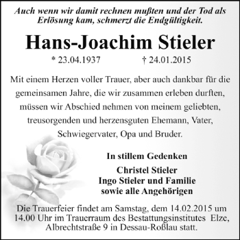 Traueranzeige von Hans-Joachim Stieler von WVG - Wochenspiegel Dessau / Köthen