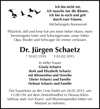Traueranzeige von Jürgen Schaetz von Mitteldeutsche Zeitung Dessau-Roßlau