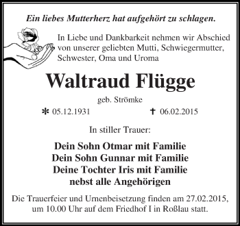 Traueranzeige von Waltraud Flügge von WVG - Wochenspiegel Dessau / Köthen